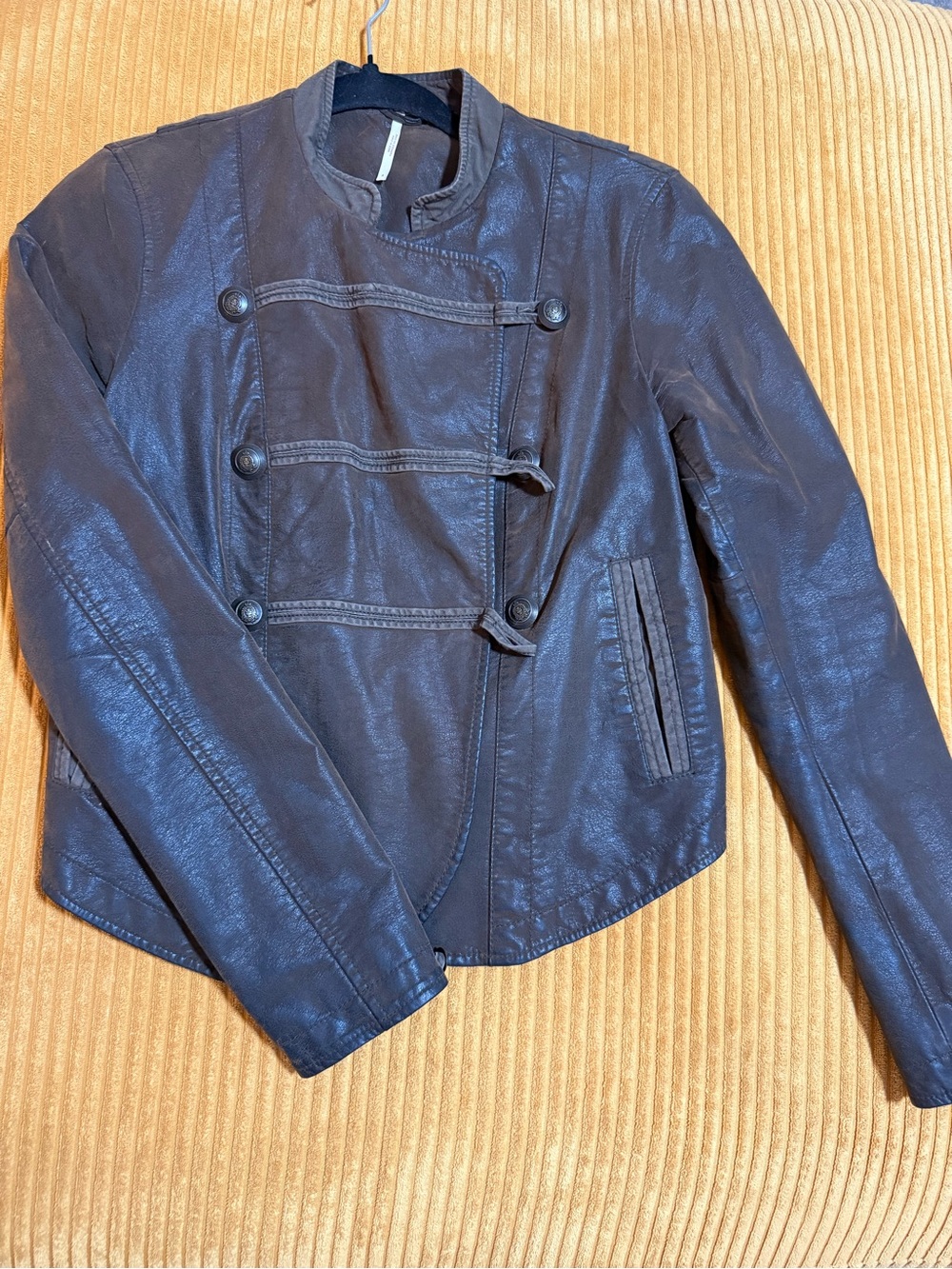 Free People Chocolate Brown Faux Leather Military-Style Jacket